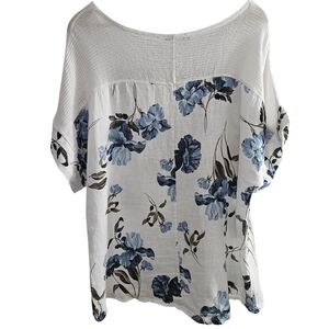 LUNGO L'ARNO Blue White Floral Linen Top Blouse Made in Italy